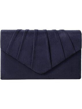 🆕 Women Blue Clutch Evening Purse Evening Party Velvet Suede Pleated Handbag
